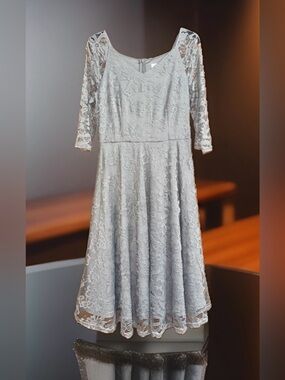 Dressystar Women's Light Gray Lace Overlay 3/4-Sleeve Fit & Flare Dress-L-EC